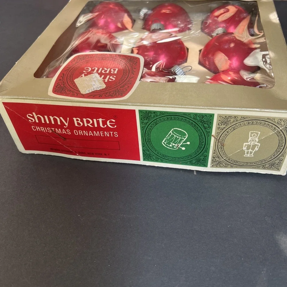 Vintage Shiny Brite Set Of 9 Glass Ornaments Red 2 1/4